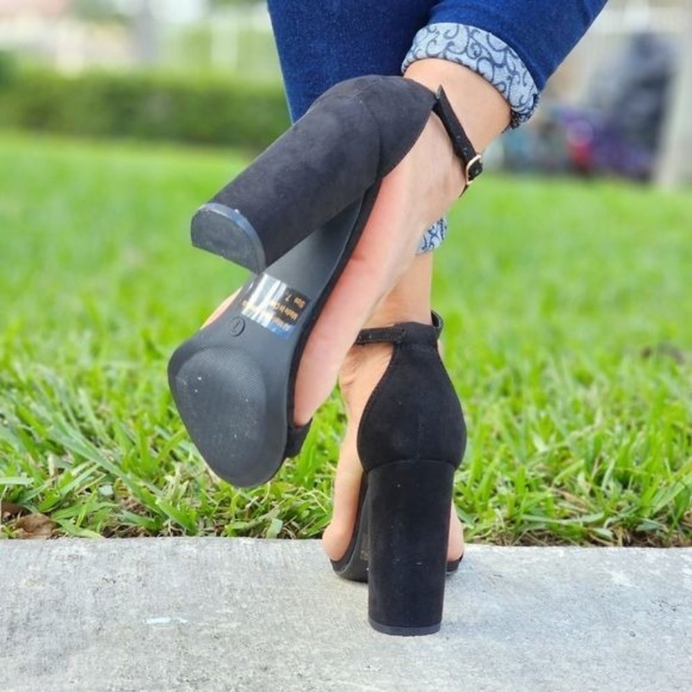 Black Suede Ankle Strap Block Heel Dress Sandals - Picture 6 of 6